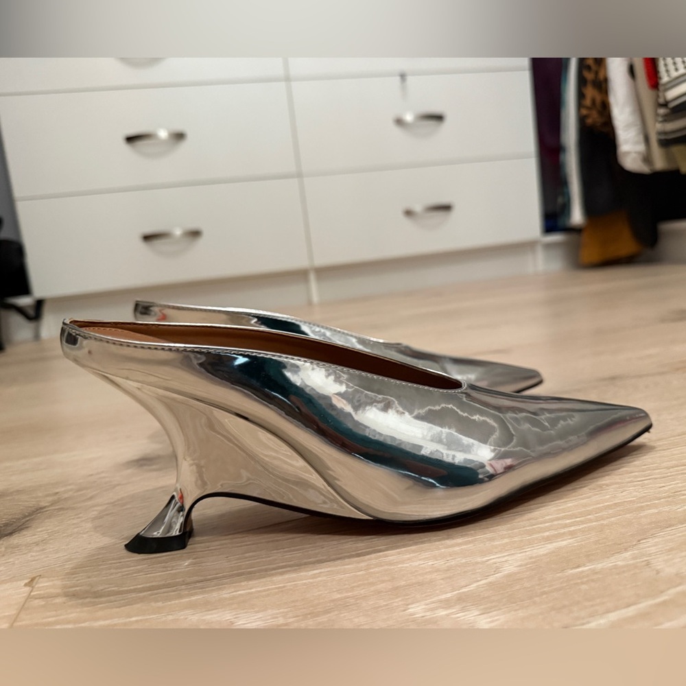Metallic Heeled Mules - Pointed Closed Toe Slip On Wedge Mule Pumps